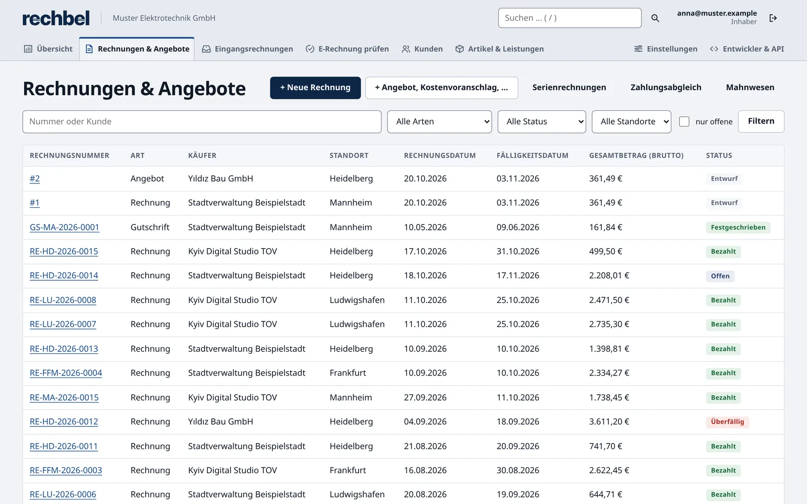 Liste der Rechnungen und Angebote in Rechbel (Demodaten)
